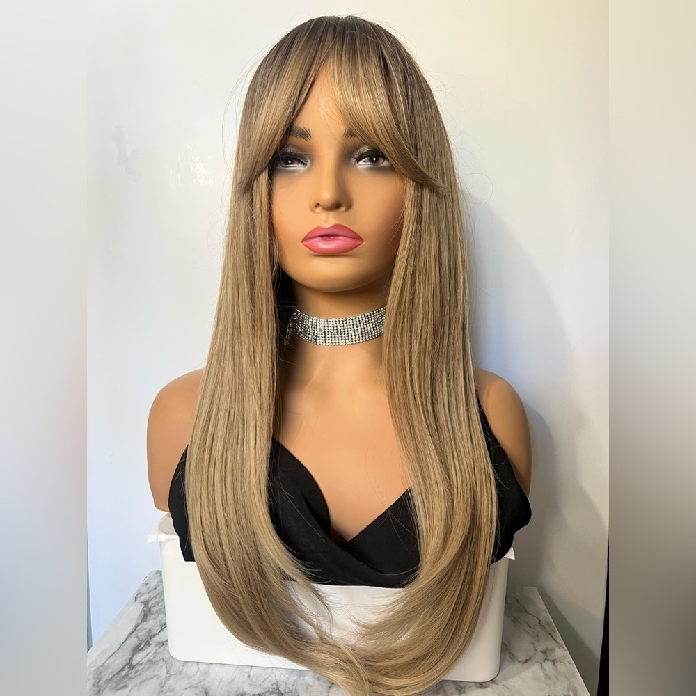 Dirty Blonde Long Straight hair Wig with Side Bangs - Picture 1 of 5